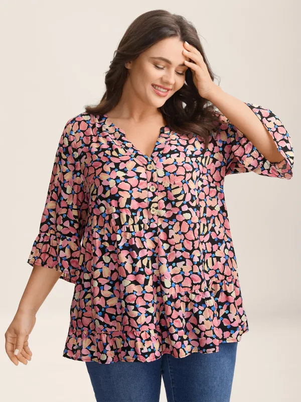 Floral Notched Collar Button Detail Blouse sold by Bloomchic
