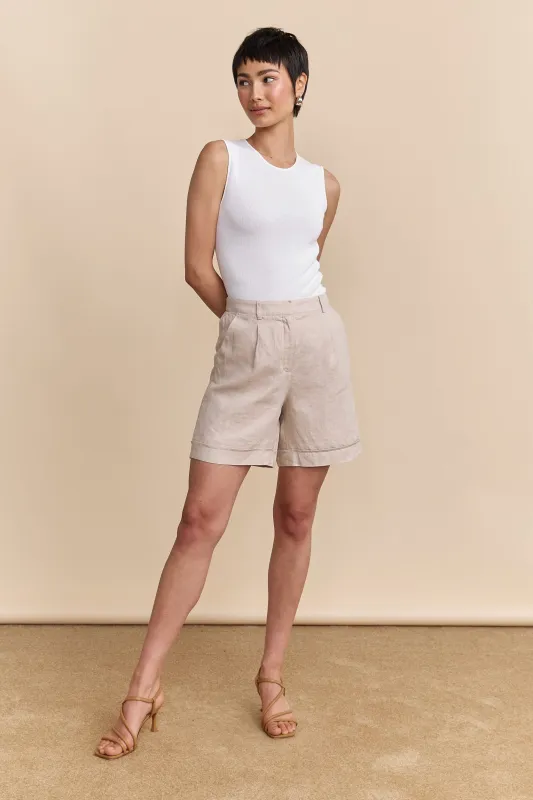 Linen shorts with elastic back sold by Tristan Style