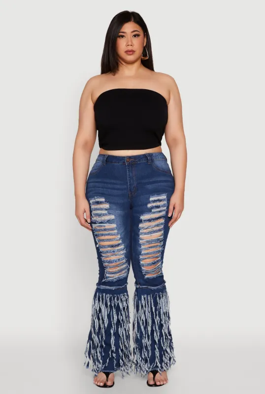 Plus Size Distressed Fringe Hem Flare Jeans sold by Rainbow