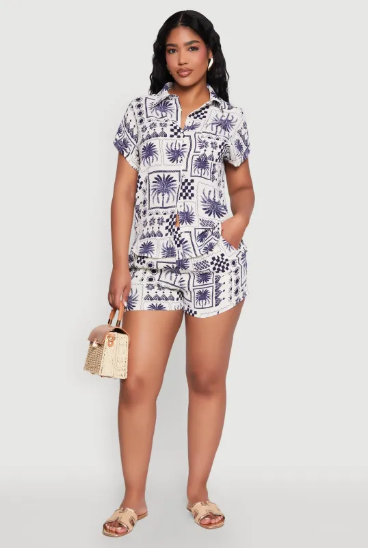 Palm Tree Print Elastic Waist Shorts sold by Rainbow