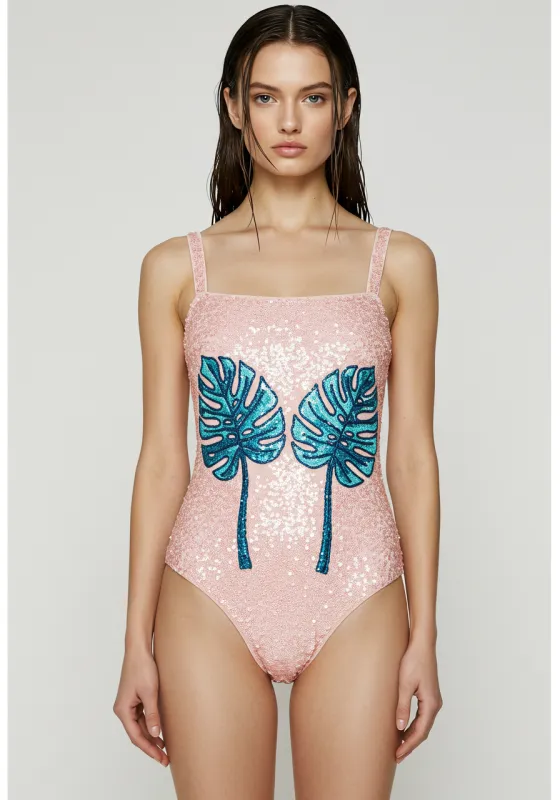 Sequin Monstera One-Piece Swimsuit - Pink/Blue sold by JW PEI