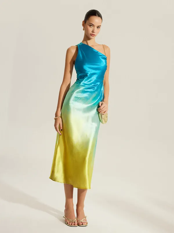 Gradient Satin One-Shoulder Dress With Back Twist Detail sold by COMMENSE