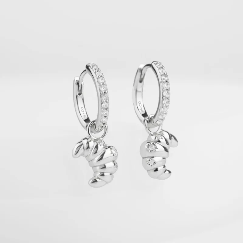Croissant Charm  Silver Huggie Earrings sold by Wanderlust and Co