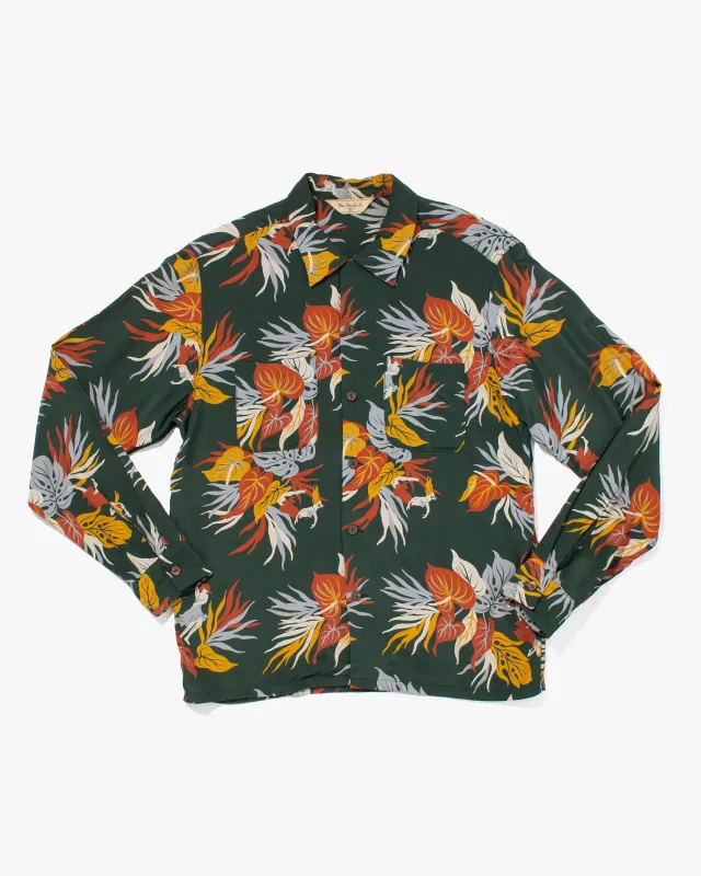 Japanese Repro, Long Sleeve Aloha Shirt, Radiall, Green with Multi Botanical - M sold by Kiriko