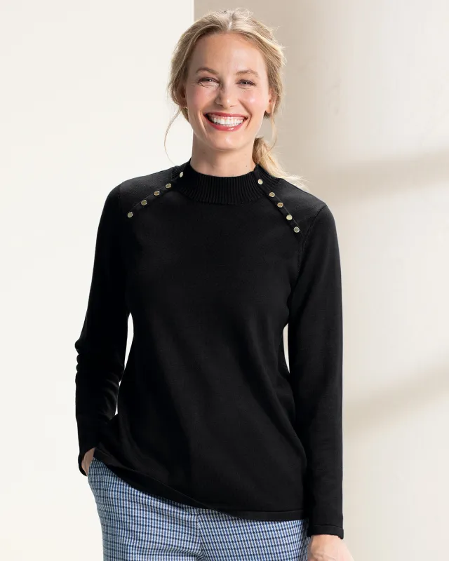 Appleseeds Women's Madison Button-Trim Mockneck - Black - 2X - Womens Plus sold by Buff