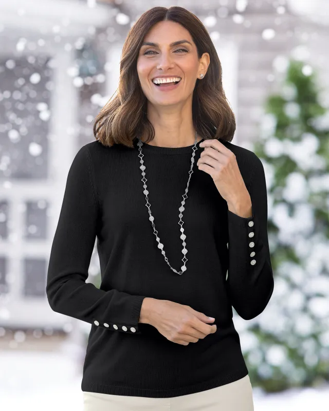 Appleseeds Women's Spindrift™ Long-Sleeve Button-Cuff Sweater - Black - PM - Petite sold by Buff