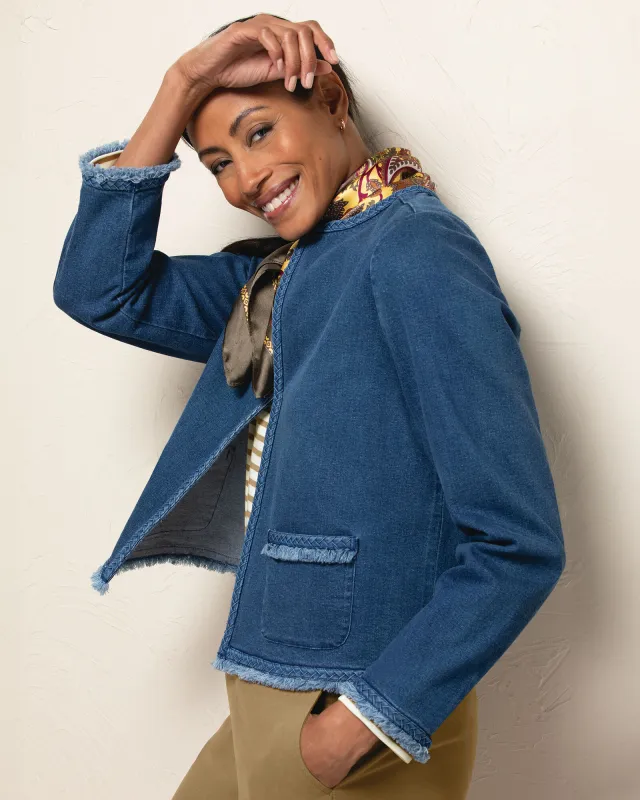 Appleseeds Women's DreamFlex Denim Braid-Trim Jacket - Denim - S - Misses sold by Buff
