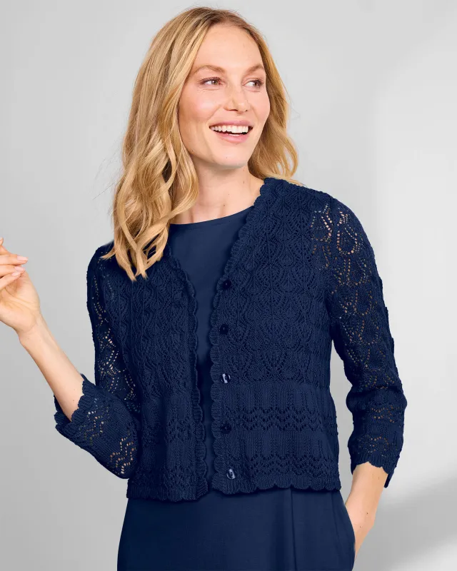 Appleseeds Women's Mixed-Stitch Cardigan Shrug  - Blue - L - Misses sold by Buff