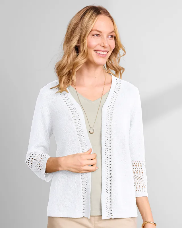 Appleseeds Women's Linen/Cotton Crochet-Trim Cardigan  - White - S - Misses sold by Buff