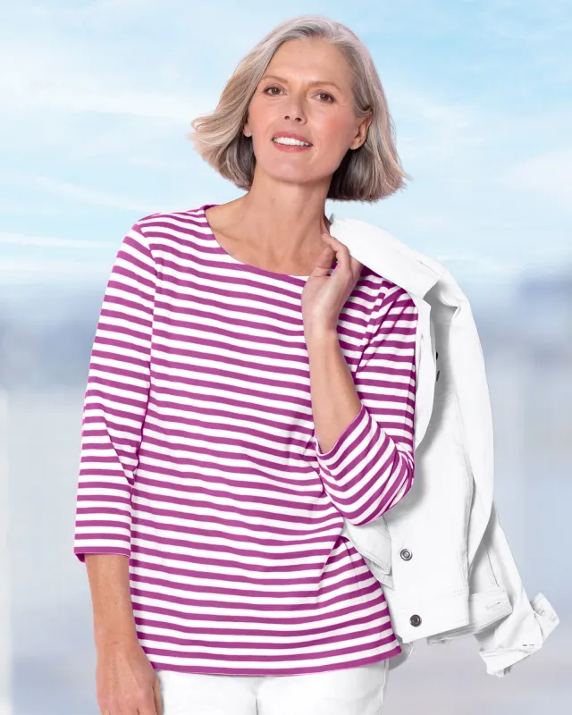 Appleseeds Women's Essential Cotton Striped Three-Quarter-Sleeve Tee - Multi - PS - Petite sold by Buff