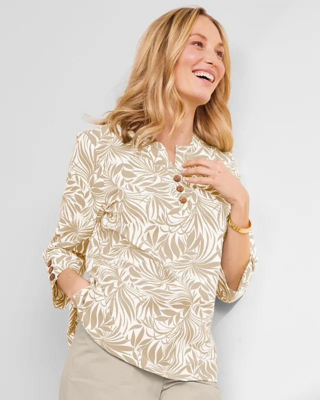 Appleseeds Women's Captiva Y-Neck Stenciled Palms Popover  - Tan - L - Misses sold by Buff