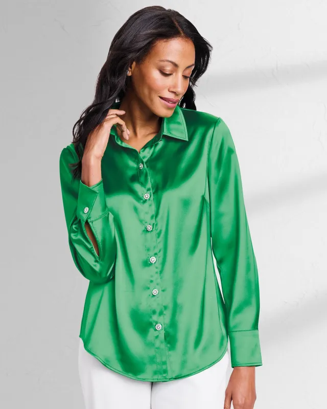 Appleseeds Women's Jewel-Button Satin Blouse - Green - PL - Petite sold by Buff