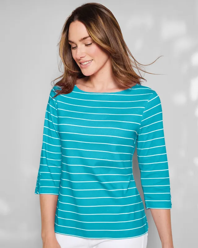 Appleseeds Women's Coastal Cotton Striped Bateau-Neck Tee - Multi - L - Misses sold by Buff