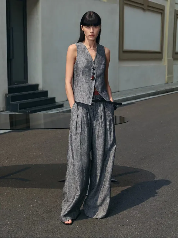 "Old Money Space" Linen draped vest and straight trousers suit sold by Firelady Sheepskin