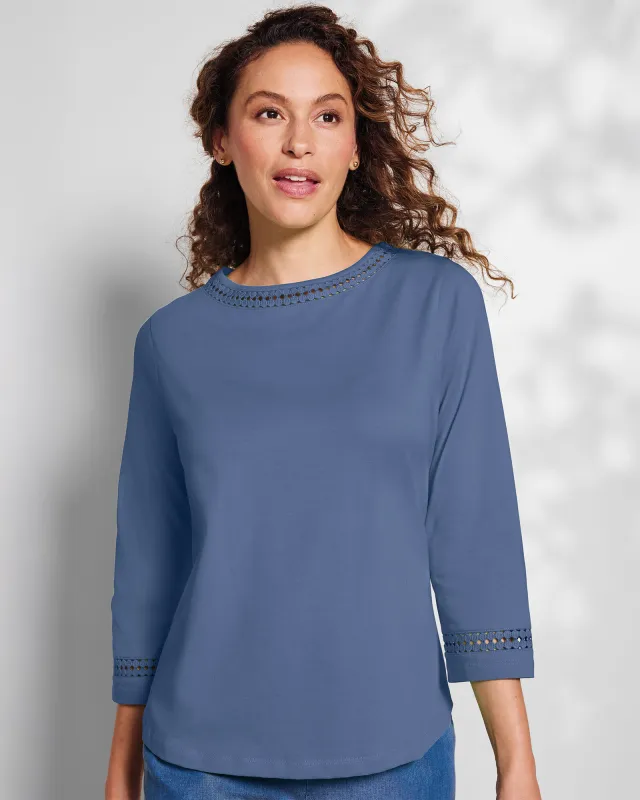 Appleseeds Women's Prima™ Cotton Hemstitch Tee - Blue - PM - Petite sold by Buff