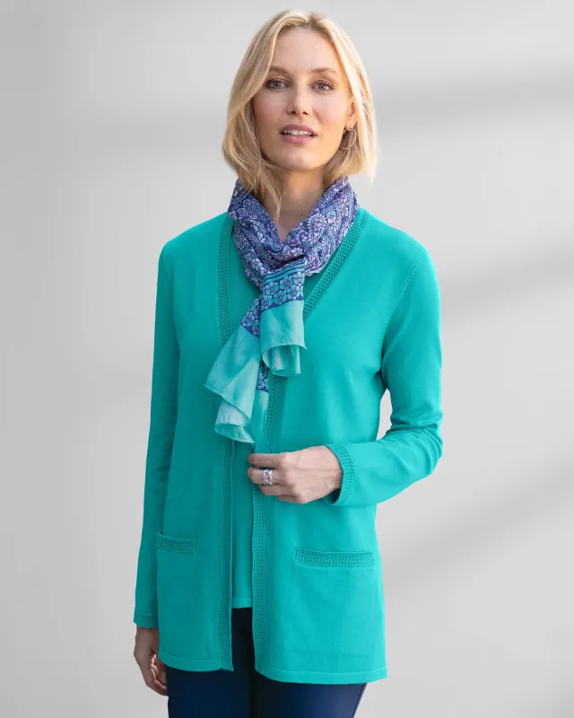 Appleseeds Women's Madison Crochet-Trim Cardigan - Blue - PM - Petite sold by Buff