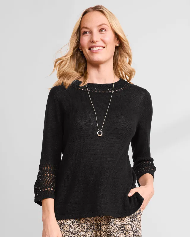 Appleseeds Women's Linen/Cotton Crochet-Trim Pullover  - Black - M - Misses sold by Buff