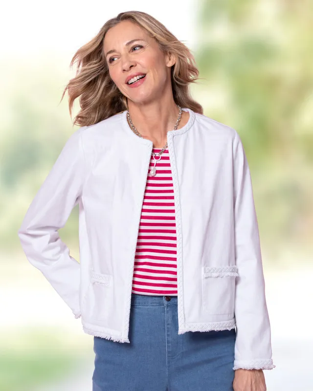 Appleseeds Women's DreamFlex Color Braid-Trim Jacket - White - PM - Petite sold by Buff
