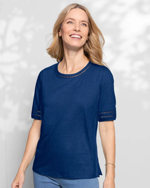 Appleseeds Women's Linen-Blend Elbow-Sleeve Tee - Blue - PL - Petite sold by Buff