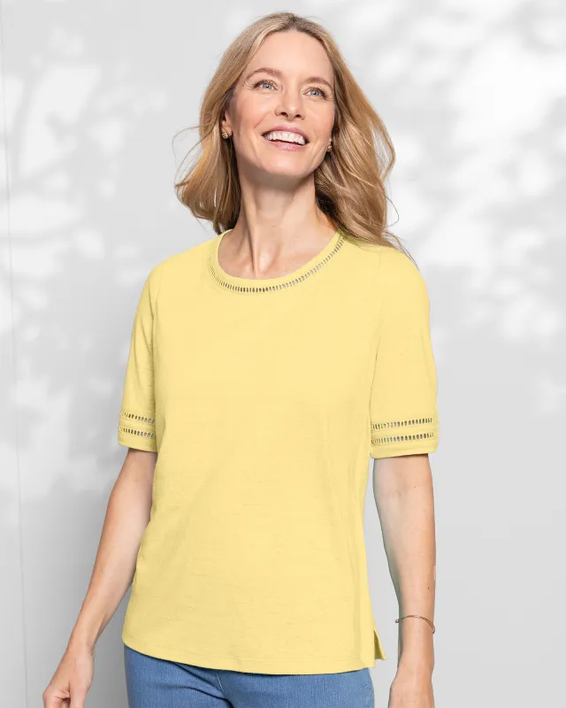 Appleseeds Women's Linen-Blend Elbow-Sleeve Tee - Yellow - PL - Petite sold by Buff