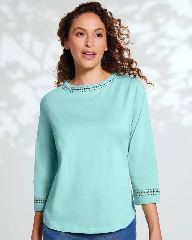 Appleseeds Women's Prima™ Cotton Hemstitch Tee - Blue - L - Misses sold by Buff