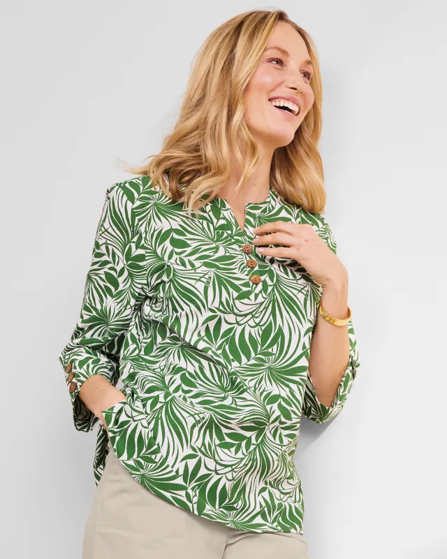 Appleseeds Women's Captiva Y-Neck Stenciled Palms Popover  - Green - PS - Petite sold by Buff