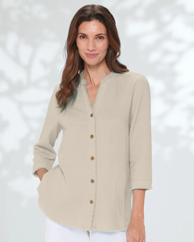 Appleseeds Women's Nantucket Cotton Fringed Button-Front Tunic - Tan - S - Misses sold by Buff