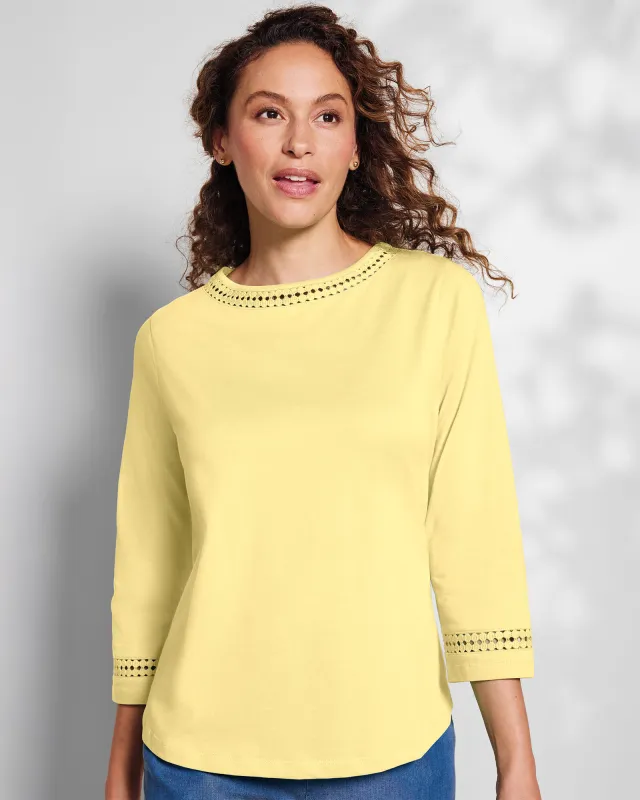 Appleseeds Women's Prima™ Cotton Hemstitch Tee - Yellow - PL - Petite sold by Buff