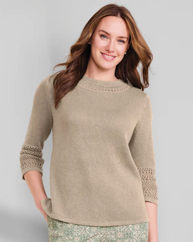 Appleseeds Women's Linen/Cotton Crochet-Trim Pullover  - Tan - PS - Petite sold by Buff