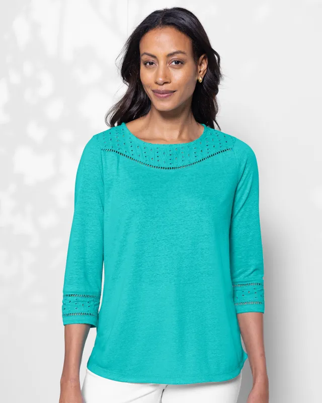 Appleseeds Women's Linen-Blend Eyelet-Trimmed Tee - Blue - XL - Misses sold by Buff