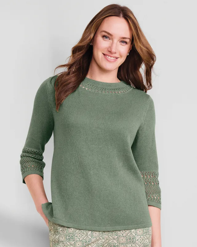 Appleseeds Women's Linen/Cotton Crochet-Trim Pullover  - Green - PXL - Petite sold by Buff