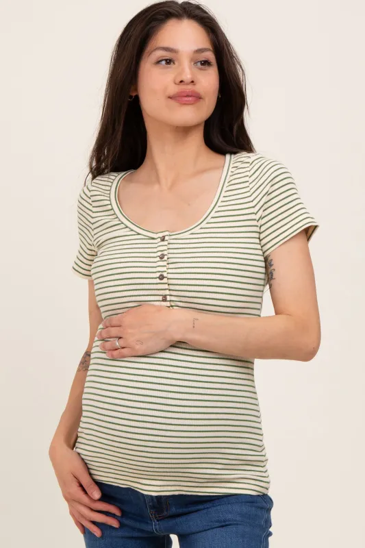 Green Striped Fitted Short Sleeve Maternity Top sold by Pinkblush
