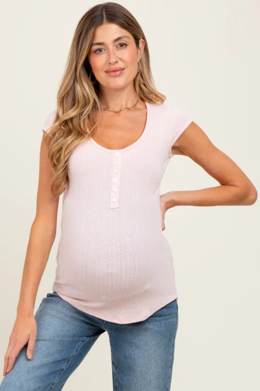 Light Pink Jacquard Button Front Maternity Short Sleeve Top sold by Pinkblush
