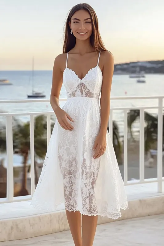 White Lace A Line Spaghetti Straps Graduation Dress sold by Zapaka