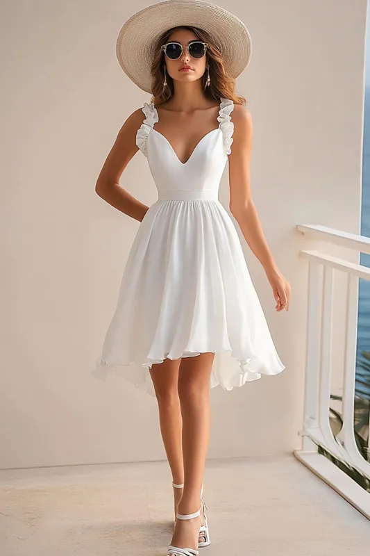 Ruffled A Line V Neck White Graduation Dress sold by Zapaka