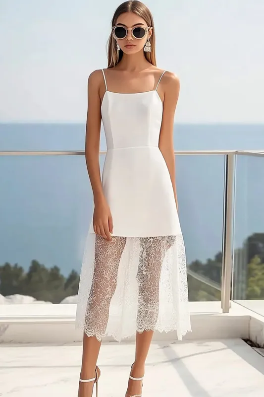 White A Line Spaghetti Straps Graduation Dress with Lace sold by Zapaka