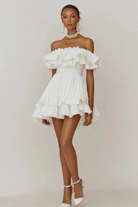 Off The Shoulder Ruffled A Line White Graduation Dress sold by Zapaka