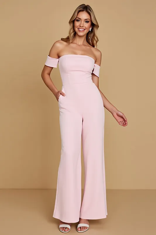 Off The Shoulder Candy Pink Chiffon Bridesmaid Jumpsuit sold by Zapaka