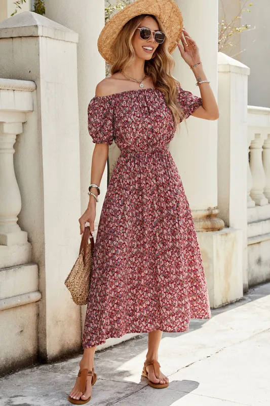 Off The Shoulder Burgundy Floral Long Summer Dress sold by Zapaka