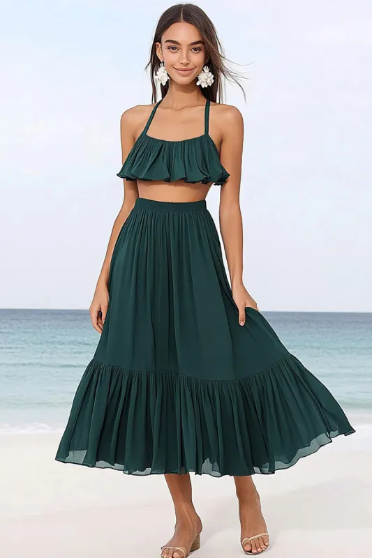 Halter A Line Two Piece Chiffon Dark Green Summer Dress sold by Zapaka