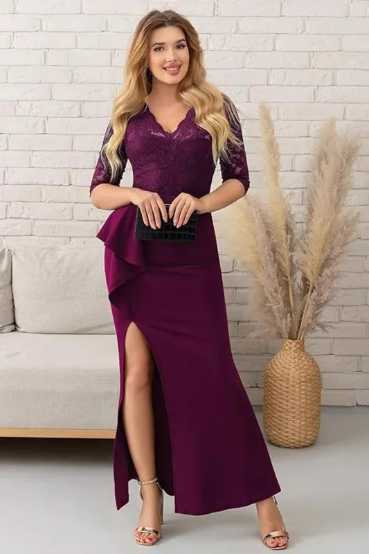 Grape Satin V-Neck Sheath Long Mother of the Bride Dress with Slit sold by Zapaka