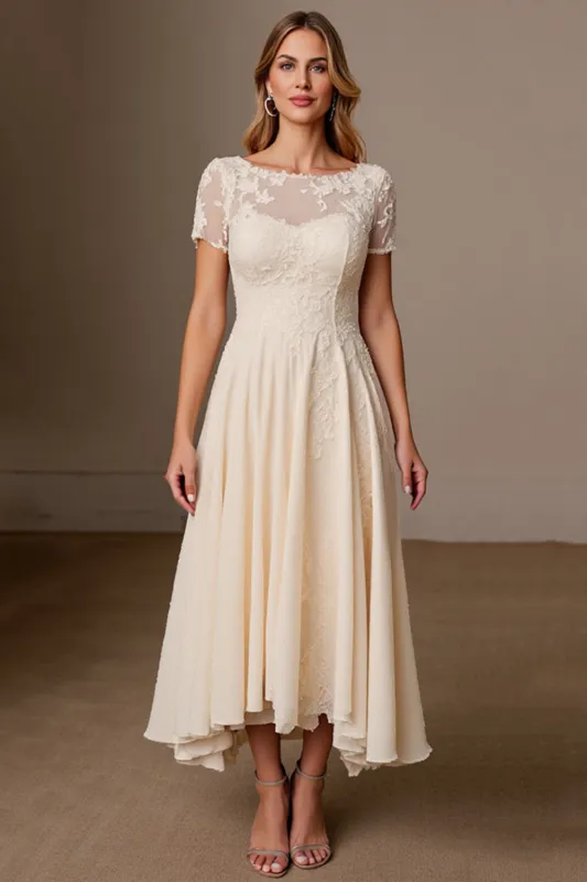 Apricot A Line Short Sleeve Tea Length Mother of the Bride Dress with Appliques sold by Zapaka
