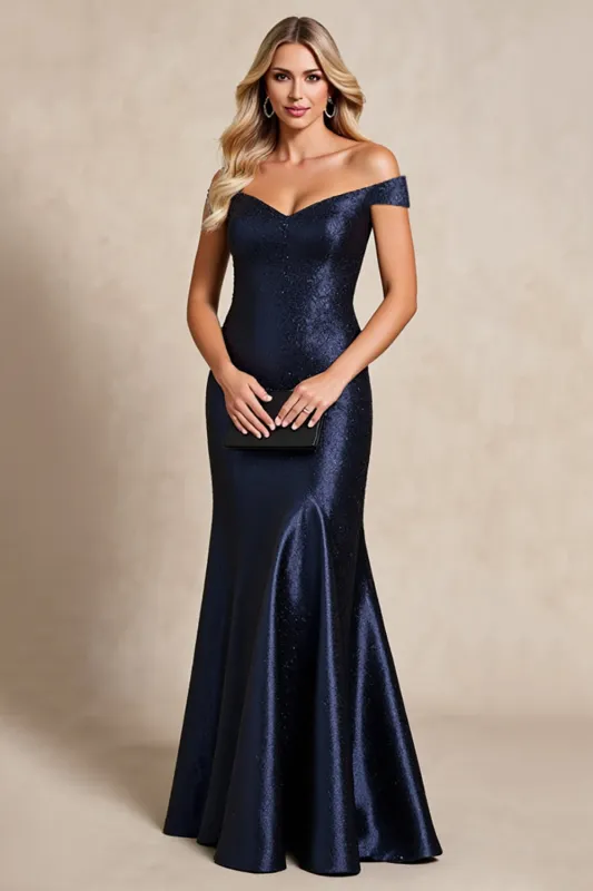 Sparkly Navy Satin Mermaid Long Mother of the Bride Dress sold by Zapaka