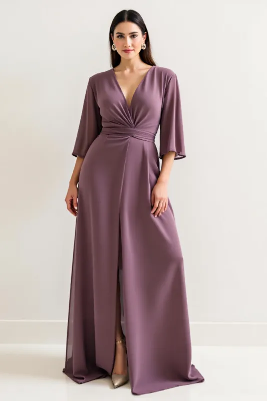 Purple A Line V Neck Mother Of The Bride Dress With Slit sold by Zapaka