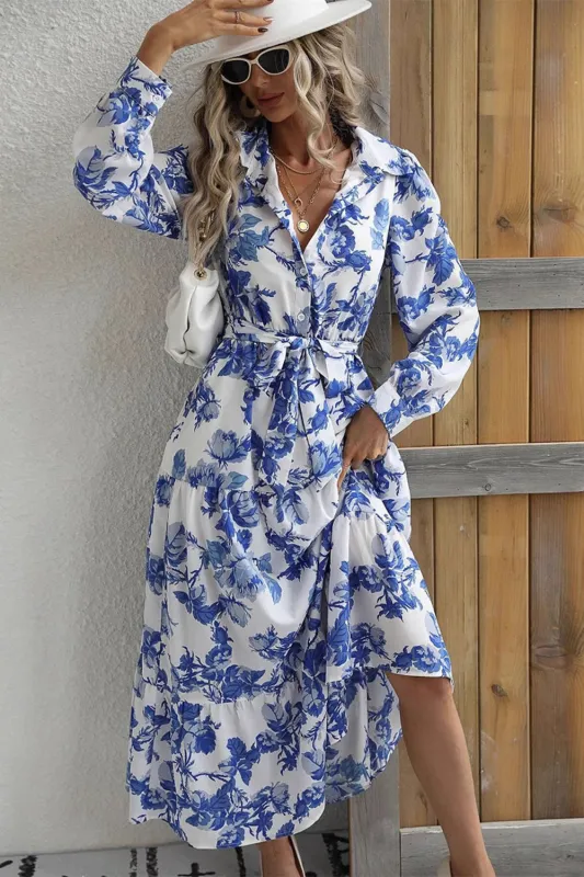 Long Sleeve Lapel Blue Printed Summer Dress sold by Zapaka