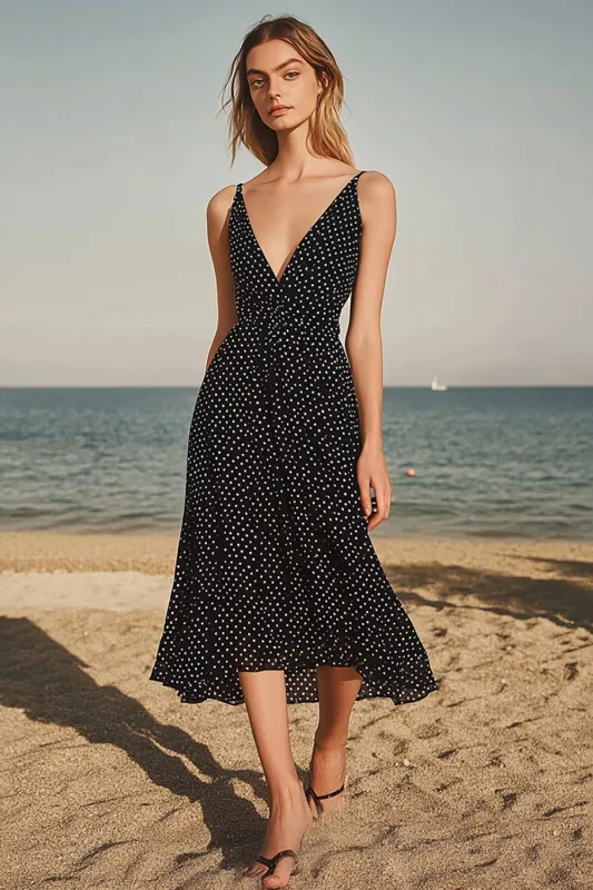 Black White Dots A Line V Neck Chiffon Summer Dress sold by Zapaka