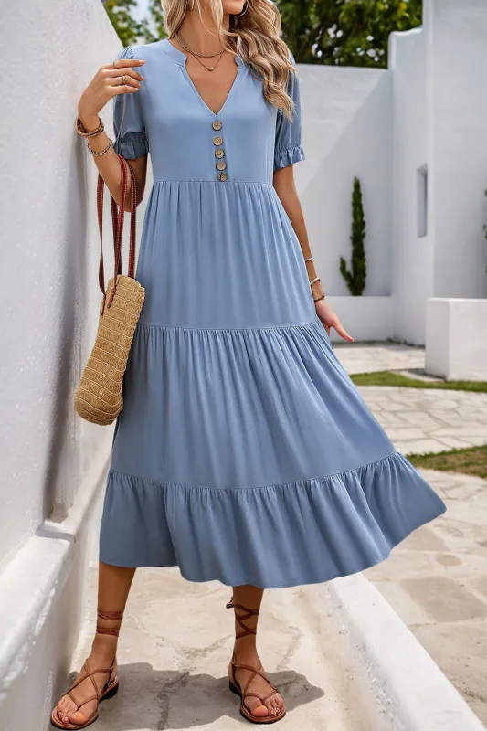 Grey Blue A Line V-Neck Summer Dress sold by Zapaka