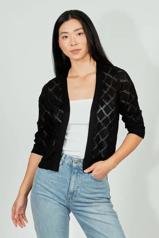 Beechers Brook Diamond Knit 3/4 Sleeve Open Cardigan - Black sold by Fairweather