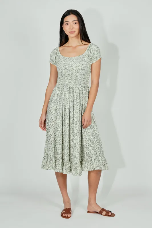Beechers Brook Floral Short Sleeve Tiered Midi Dress - Olive sold by Fairweather