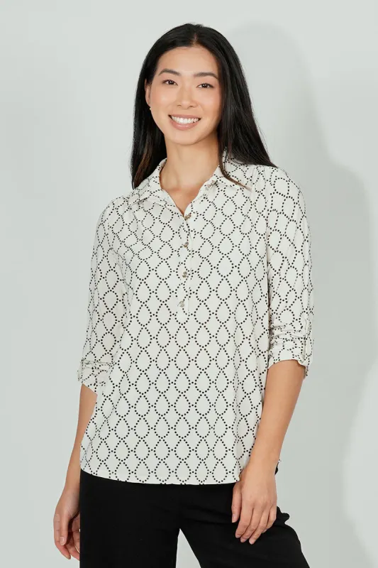 Beechers Brook Patterned Button Down Roll Up Sleeve Blouse - White sold by Fairweather
